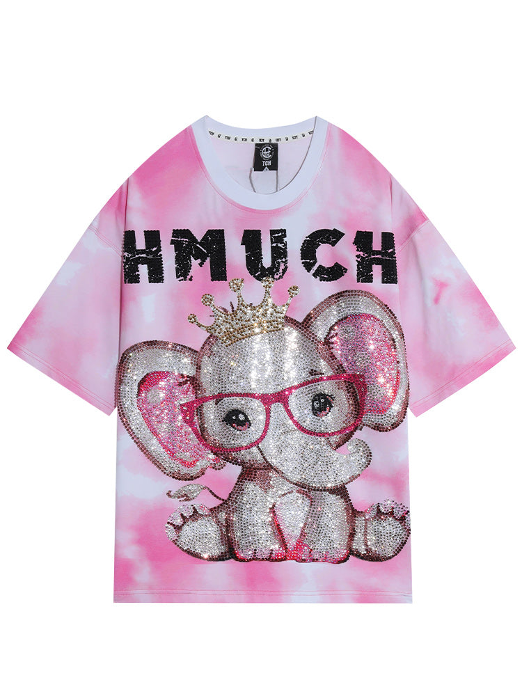 TCH Fashion Diamond-Embedded Pink Elephant T-shirt