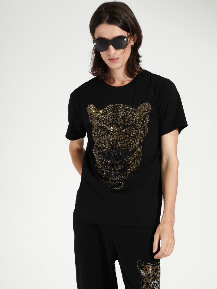 TCH Leopard Printed Diamond-Embedded Black T-shirt