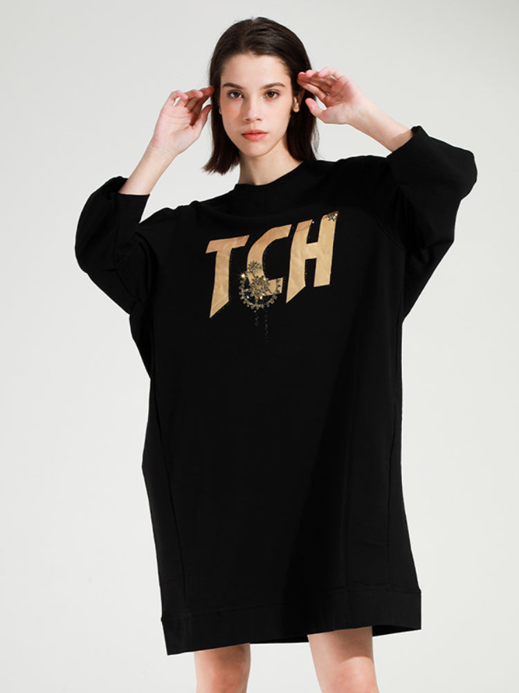 TCH Letter Printed Mid-sleeve Loose Dresses