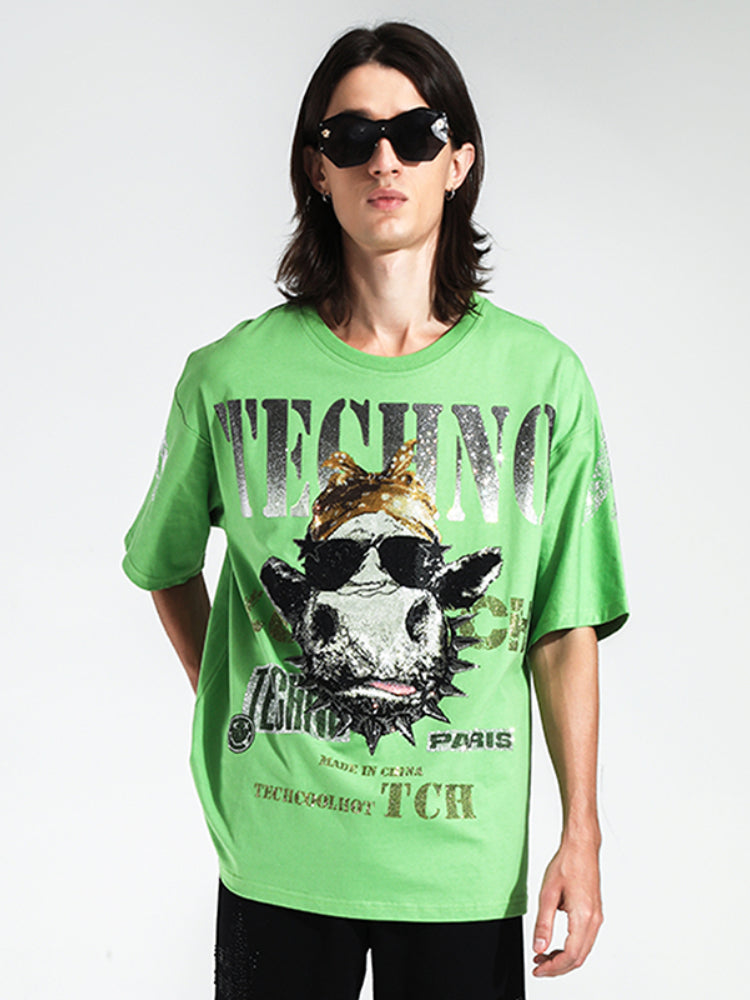 TCH Printed Diamond-Embedded Green T-Shirt