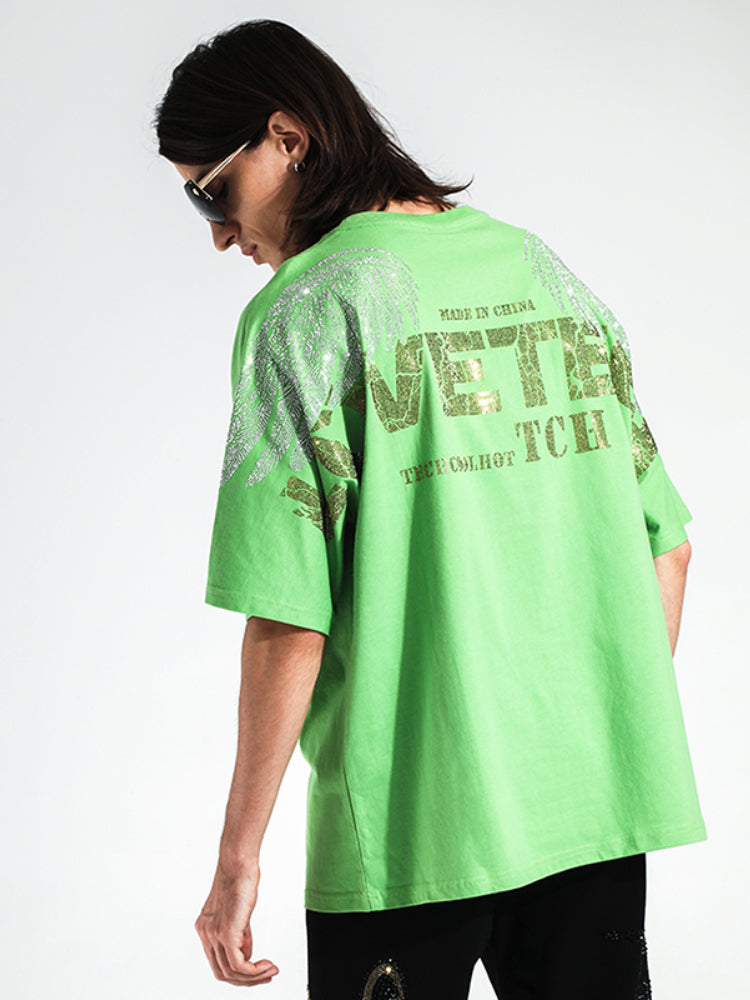 TCH Printed Diamond-Embedded Green T-Shirt