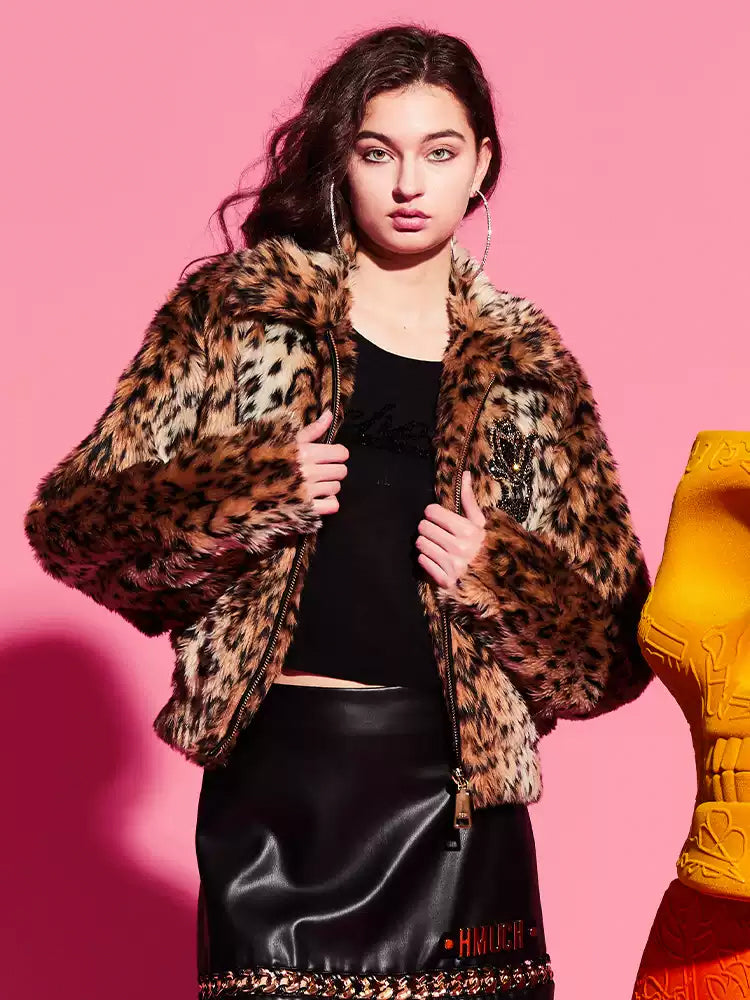 TCH Rhinestone Faux Fur Leopard Coat