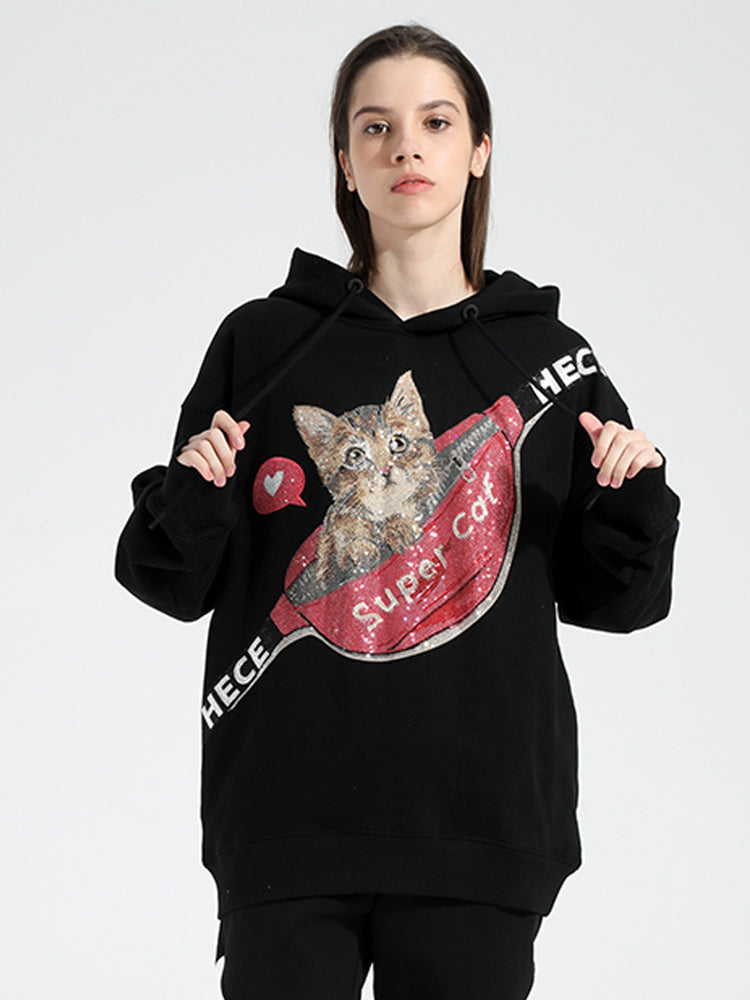 TCH Graphics Cat Rhinestone Pullover Hoodies