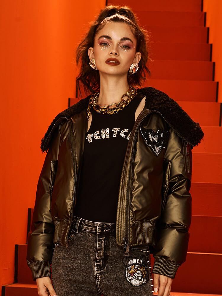 TCH Rhinestone Cropped Puffer Jacket