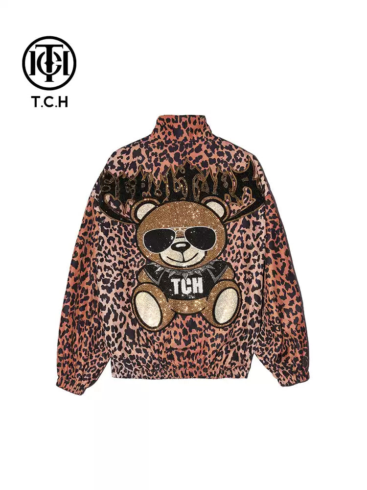 TCH Teddy Bear Rhinestone Leopard Track Jacket