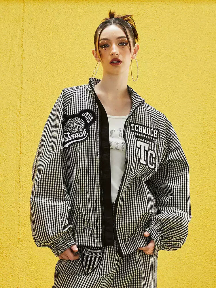 TCH Plaid Graphic Rhinestone Oversized Jacket