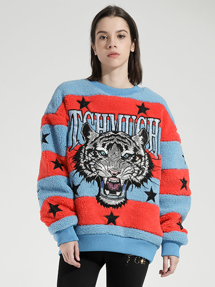 TCH Rhinestone Tiger Fleece Striped Sweater